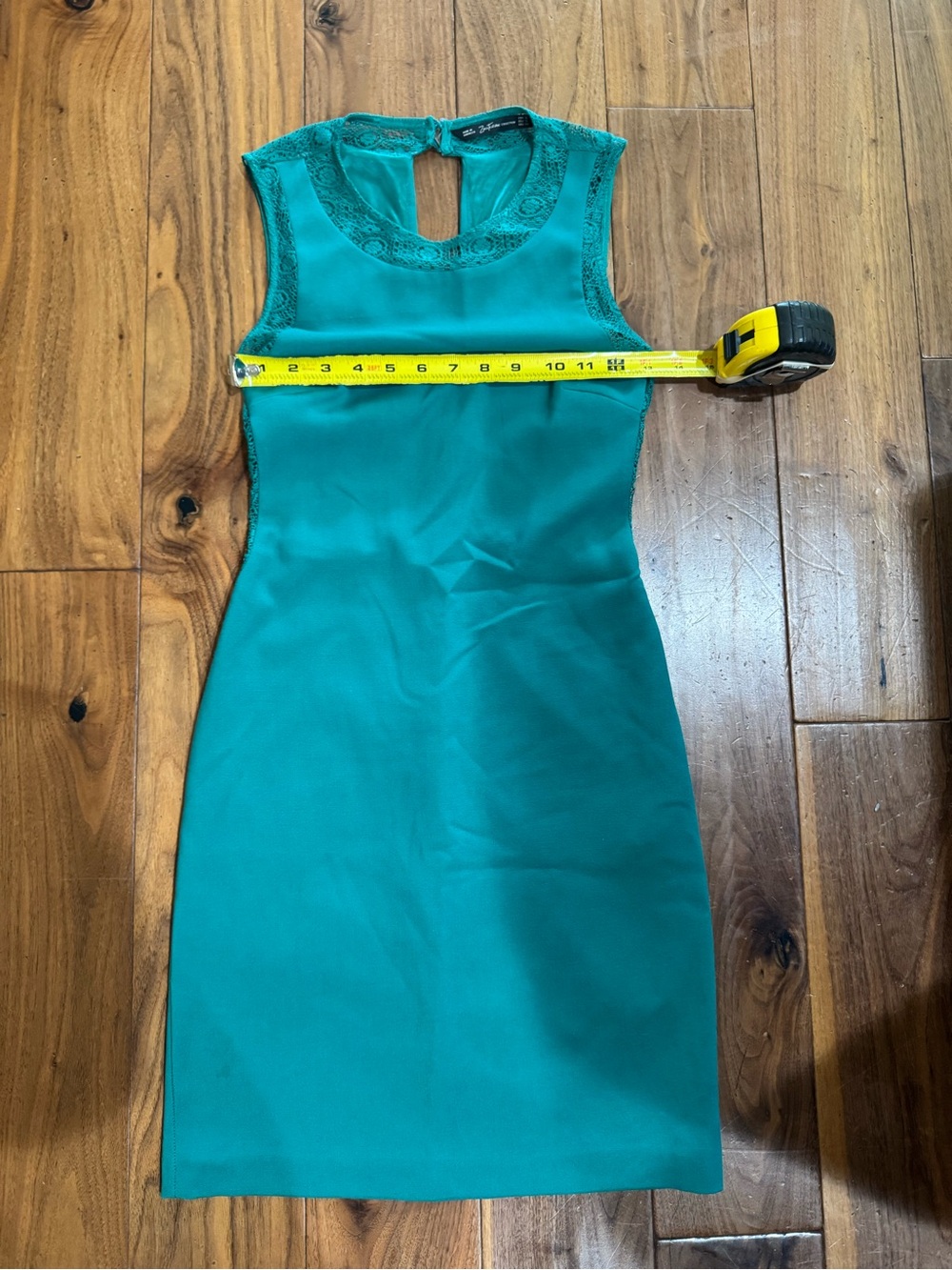 Vintage Zara Trafuc Sleeveless Teal Lace-Trim Sheath Dress, concealed zipper, SM